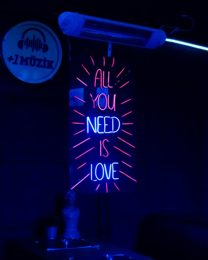 services-img Neon sign reading 'All You Need Is Love' in an Istanbul bar. Vibrant nightlife ambiance.